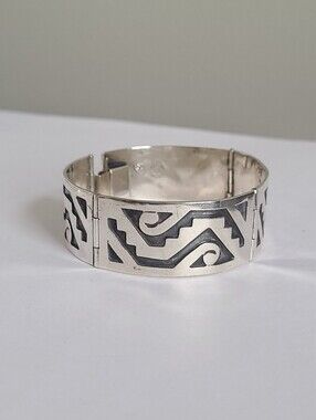 Vintage Taxco Tribal Sterling Silver Inlay Mexico Aztec Wide Cuff Bracelet